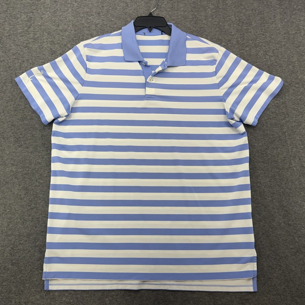RLX Ralph Lauren Golf Polo Shirt Mens M Blue White Striped Short Sleeve Pique